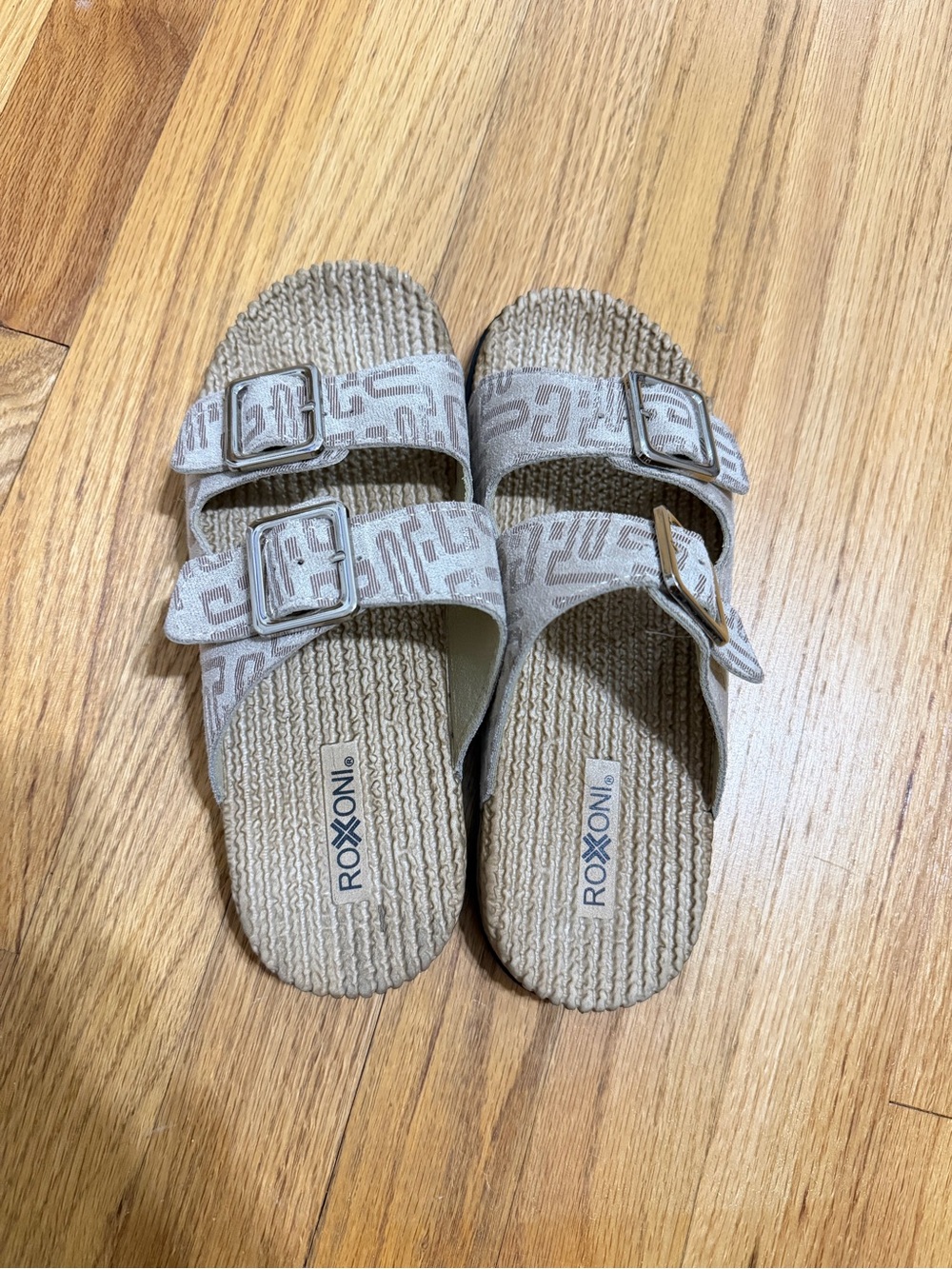 Beige Double-Buckle Slide Sandals